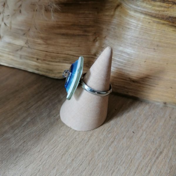 Bague en verre fusionné blanc, bleu, argent - Image 3