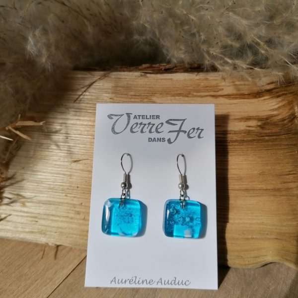Boucles d’oreilles carrées en verre, incrustée bleu turquoise