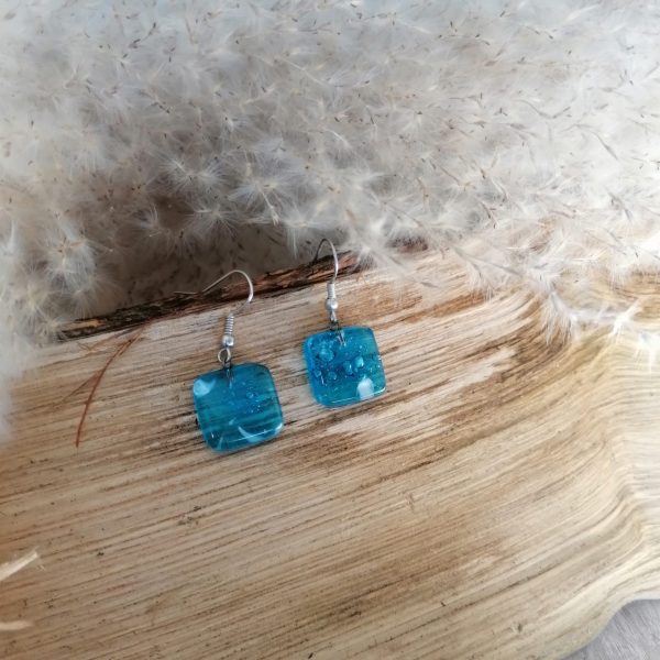 Boucles d’oreilles carrées en verre, incrustée bleu turquoise